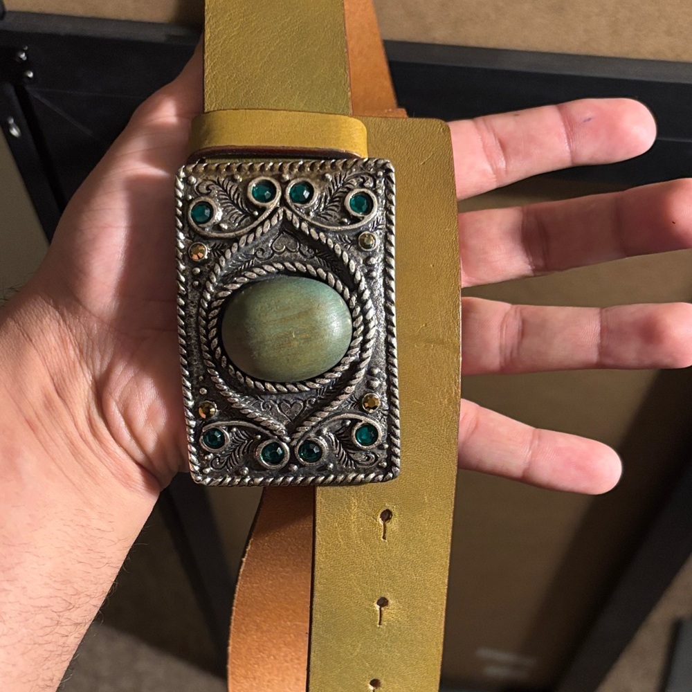 Doncaster Gold Belt with Ornate Silver and Green Buckle